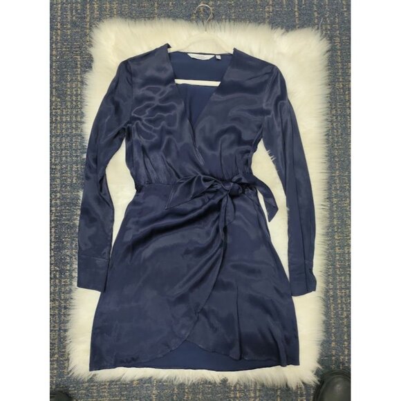 & Other Stories Paris Atelier Blue Satin Wrap Dress Long Sleeve VNeck Tie Waist - Picture 8 of 13